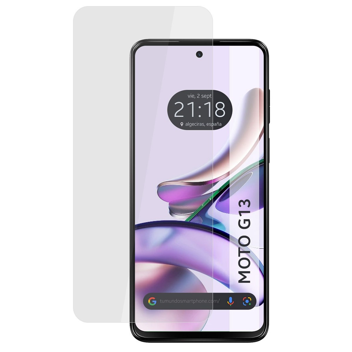 Un teléfono con protector de pantalla. La pantalla muestra una hora y una dirección web.