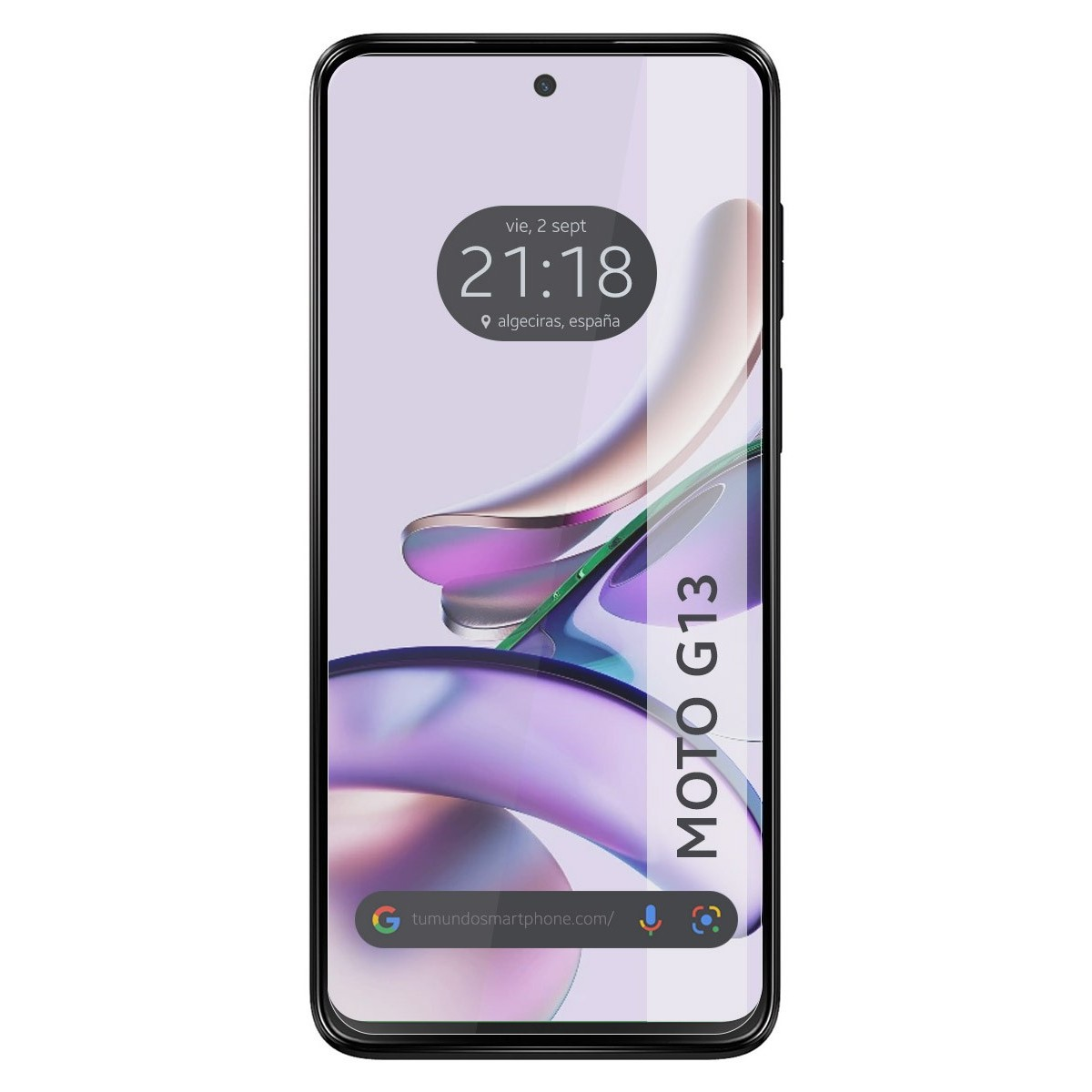 Smartphone mostrando hora 21:18, ubicación 'Algeciras, España' y texto 'MOTO G13'.