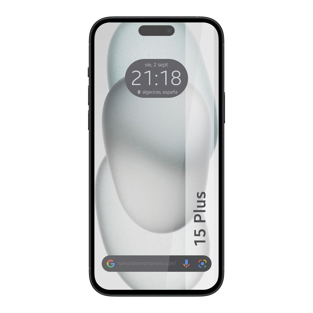 Schermo dello smartphone che mostra ora e data, con sfondo grigio astratto. Proteggi schermo è sul telefono.
