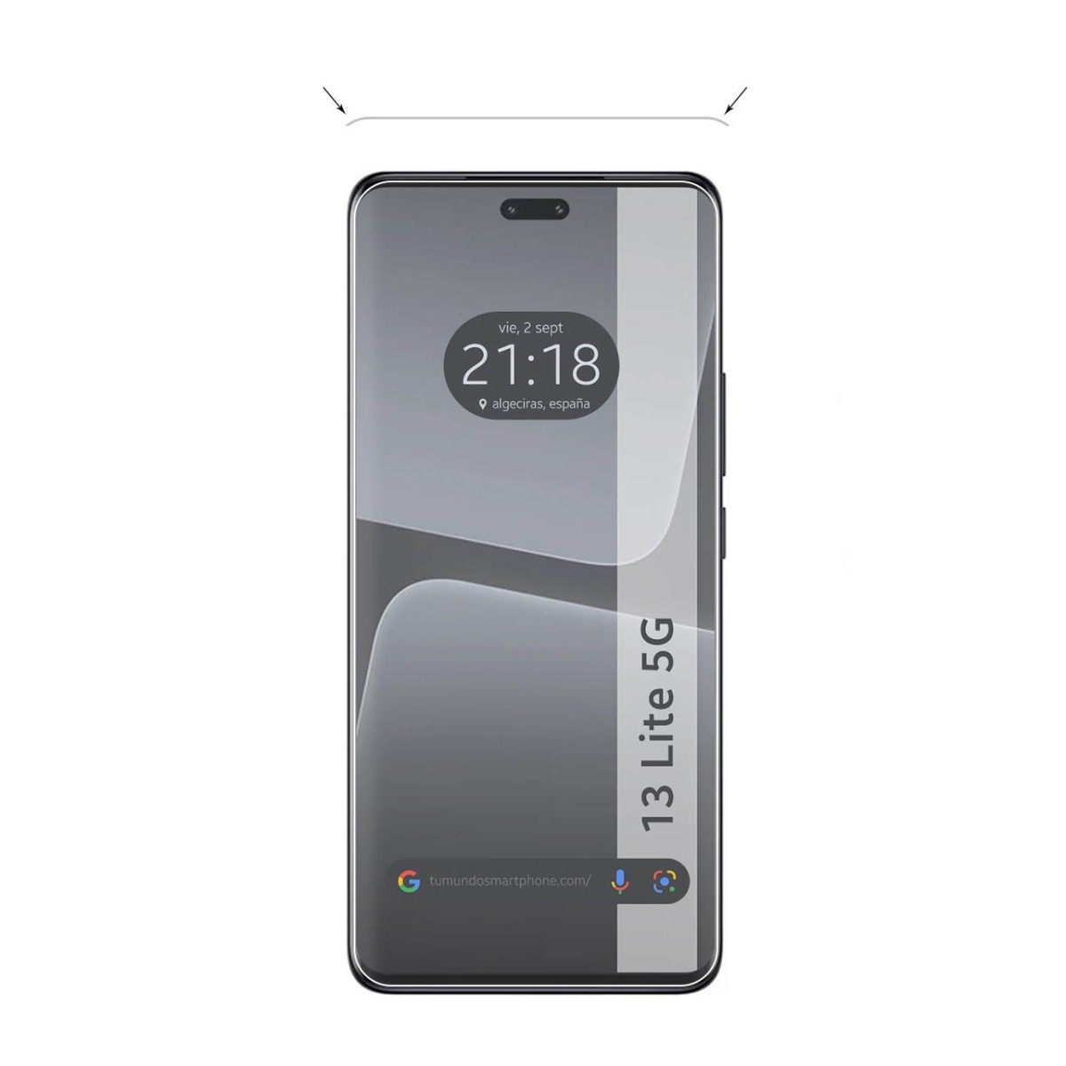 Un teléfono con protector de pantalla, mostrando la hora y ubicación. La pantalla está encendida.