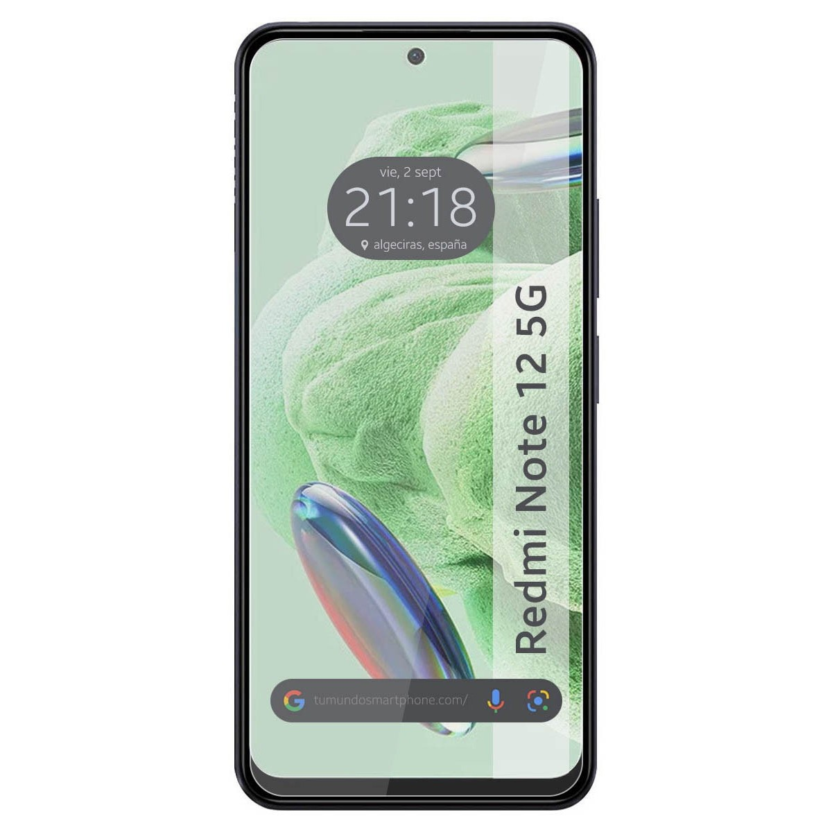Smartphone negro con hora y ubicación. Fondo verde, texto Redmi Note 12 5G. Barra de búsqueda Google.