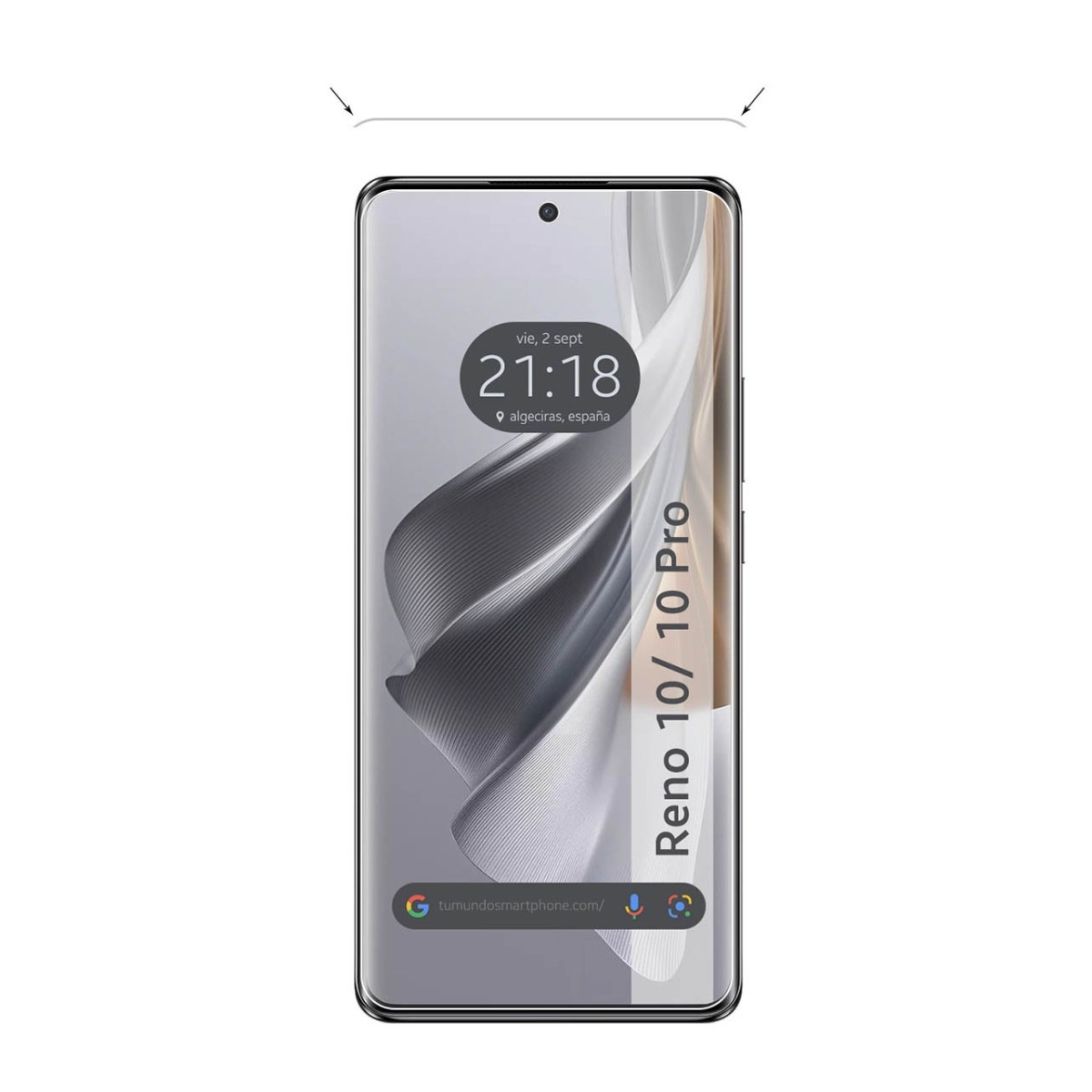 Un teléfono con protector de pantalla, que muestra una hora y un fondo blanco.