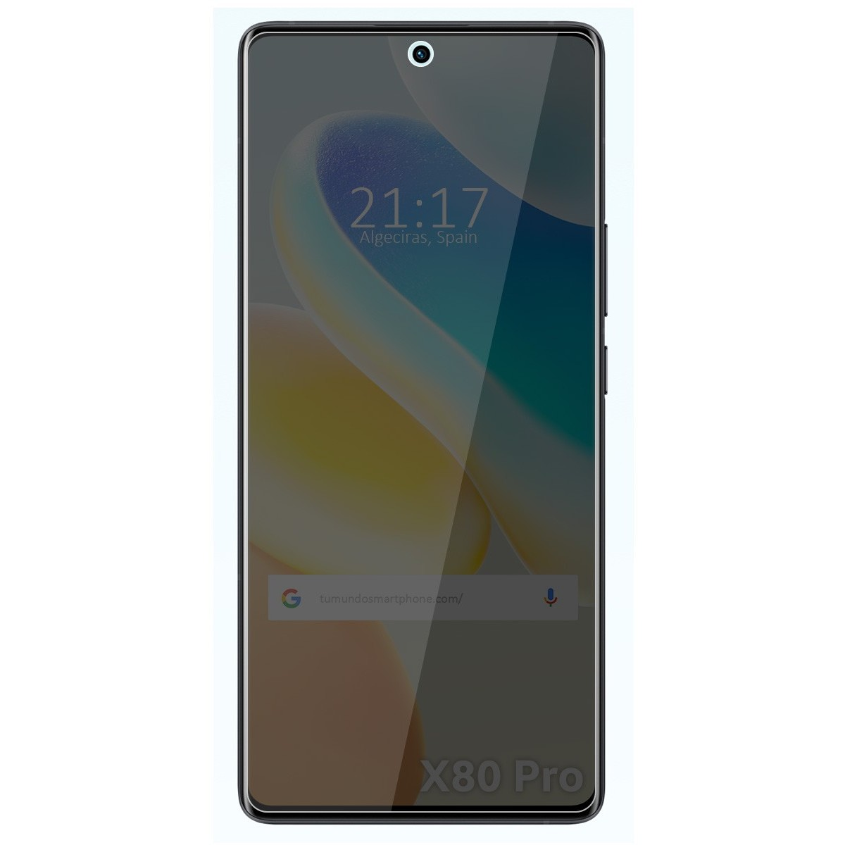 Un smartphone con un protector de pantalla. La hora es 21:17. Etiqueta X80 Pro.