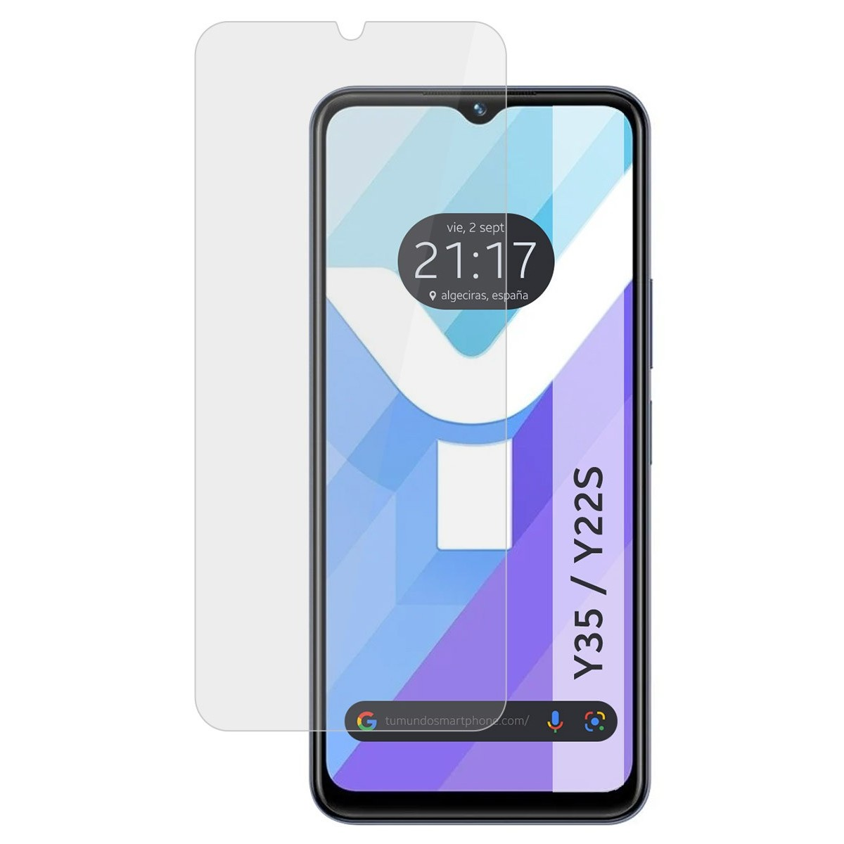 Pantalla de smartphone con cristal protector. La pantalla muestra un reloj y las palabras Y35 / Y22S.