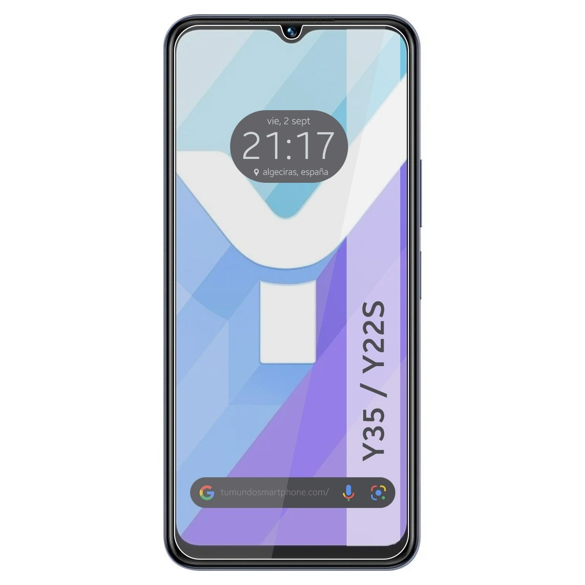Smartphone con protector de pantalla. Muestra hora y ubicación.