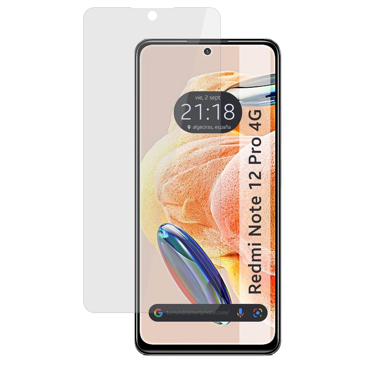 Smartphone Redmi Note 12 Pro 4G con protector de pantalla. Muestra fecha, hora e imagen abstracta en pantalla.