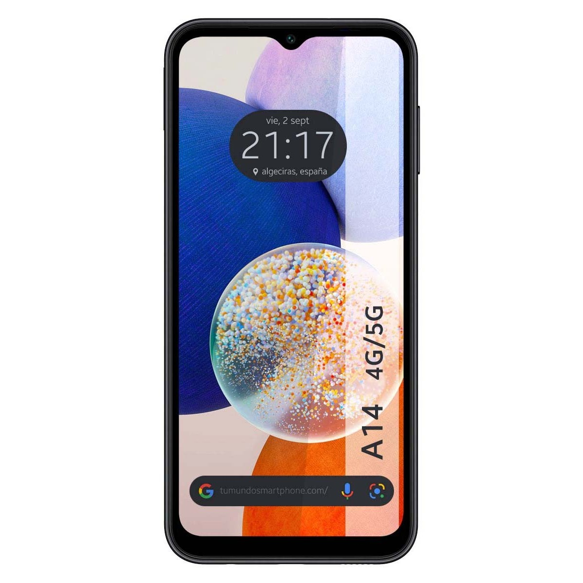 Pantalla de teléfono con hora, ubicación y el texto 'A14 4G/5G'. La pantalla tiene un diseño.