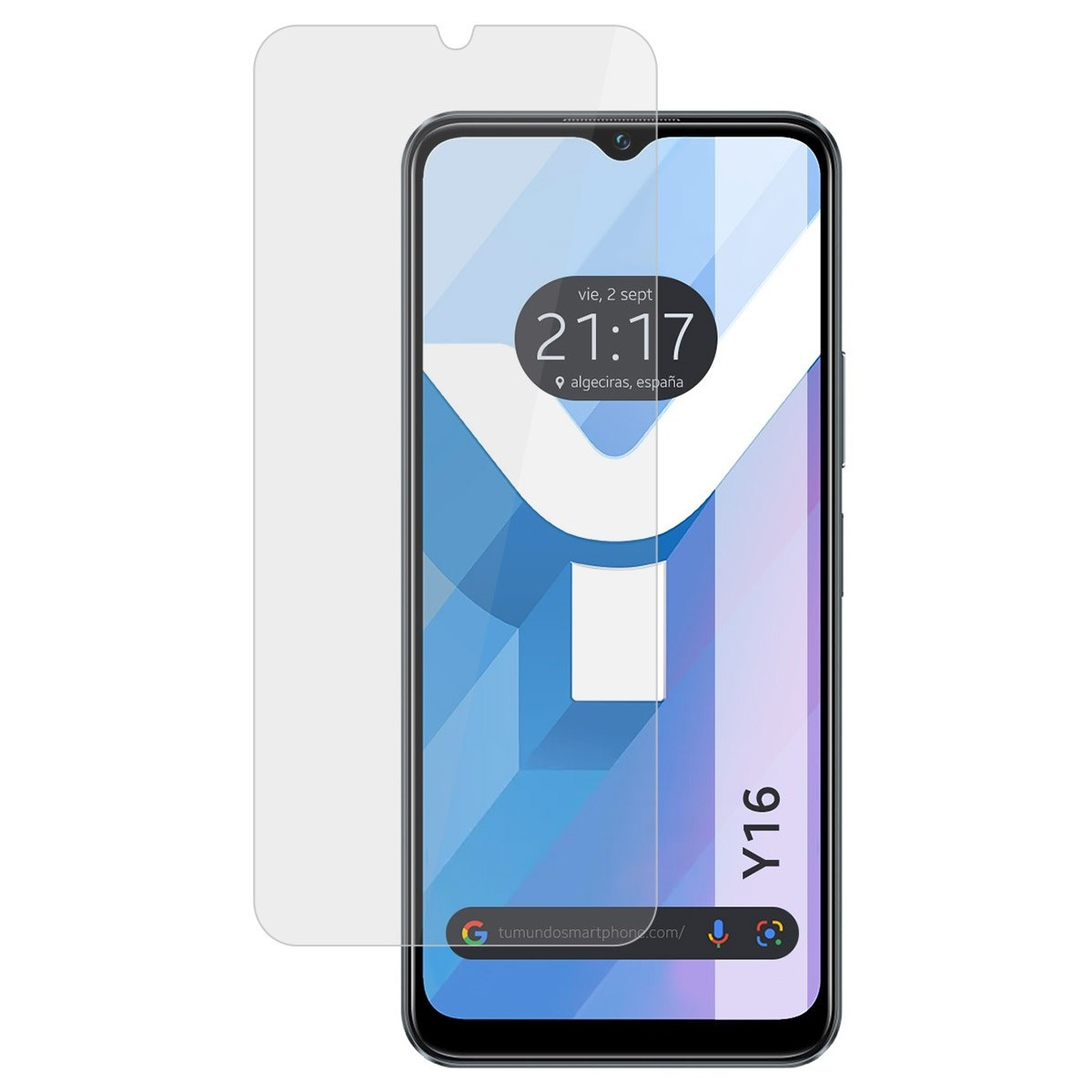 Un teléfono y un protector de pantalla uno al lado del otro. El protector de pantalla es transparente y tiene una muesca.