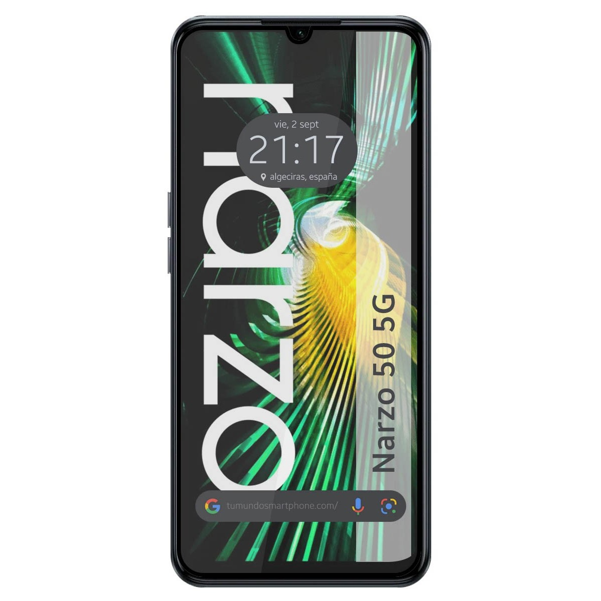 Smartphone negro con pantalla mostrando hora, ubicación y sitio web.