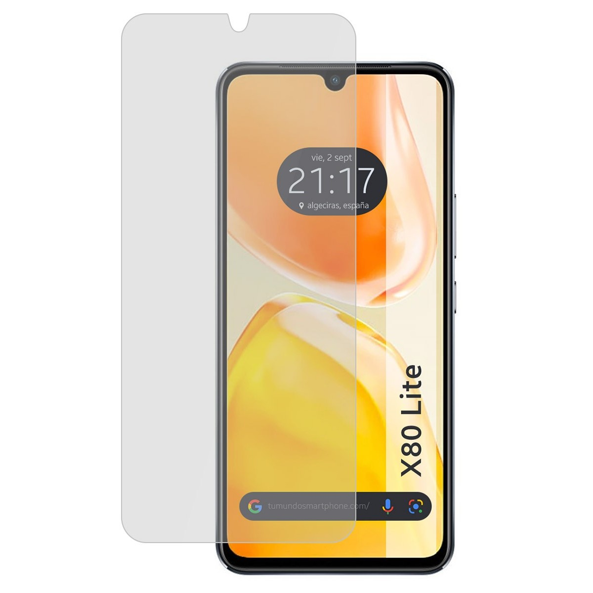Un teléfono con protector de pantalla, mostrando hora e información de la ciudad. El teléfono es X80 Lite.