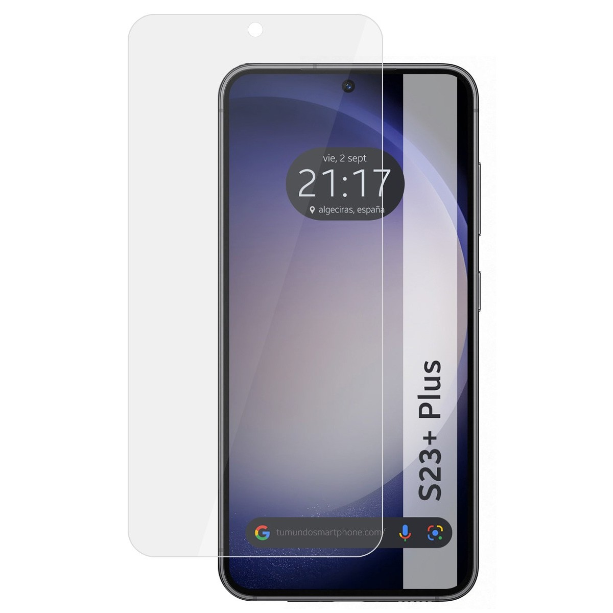 Uno smartphone con protezione schermo. Lo schermo mostra un orologio e il testo S23+ Plus.