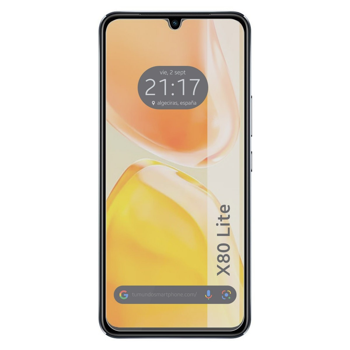 Pantalla de smartphone mostrando hora, fecha y sitio web.