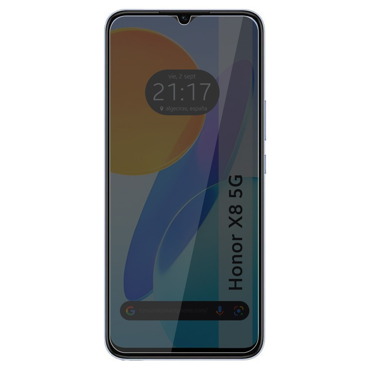 Smartphone Honor X8 5G con pantalla que muestra la hora y la ubicación, y marco negro.