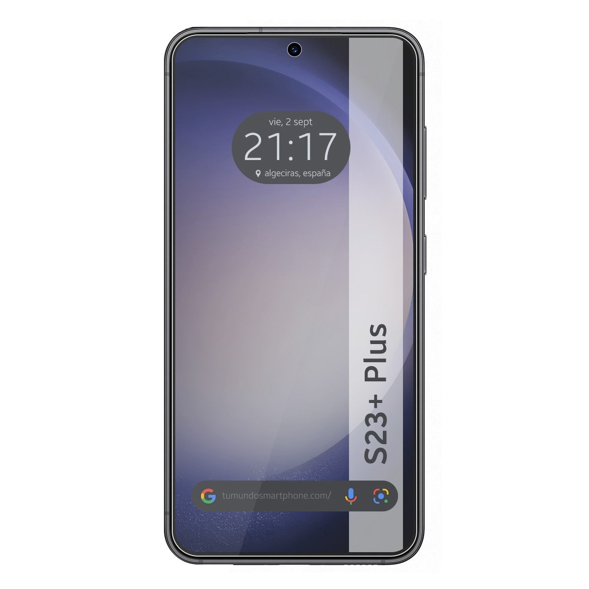 Uno schermo di smartphone mostra ora e data. Il telefono è nero, con la scritta 'S23+ Plus'.