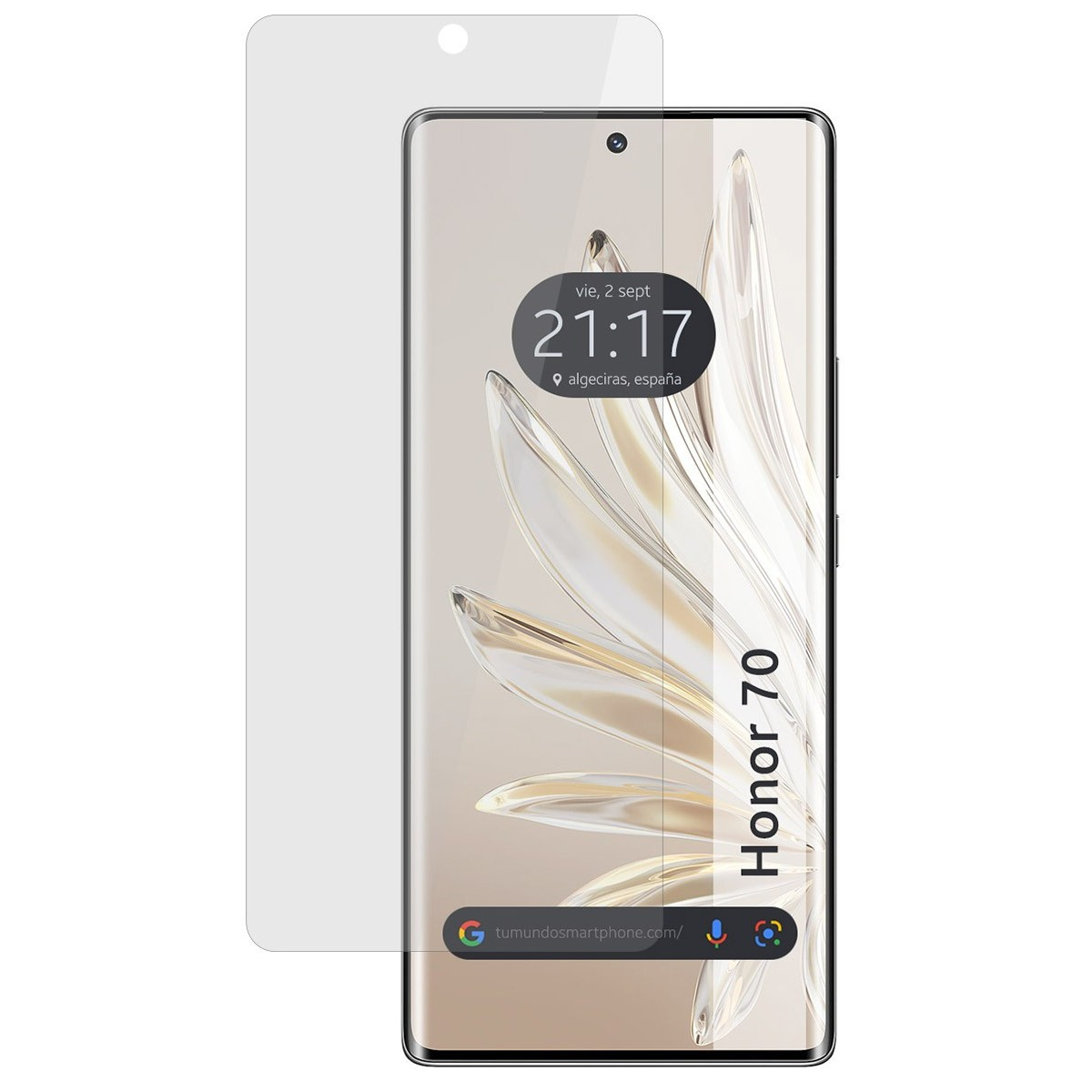 Smartphone con protector de pantalla al lado, mostrando hora y ubicación.