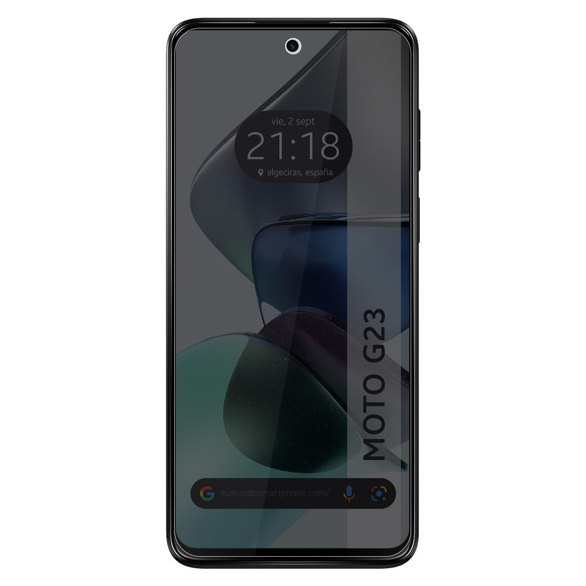 Pantalla de teléfono negra, hora y fecha mostradas. El texto dice MOTO G23. Barra de búsqueda de Google en la parte inferior.
