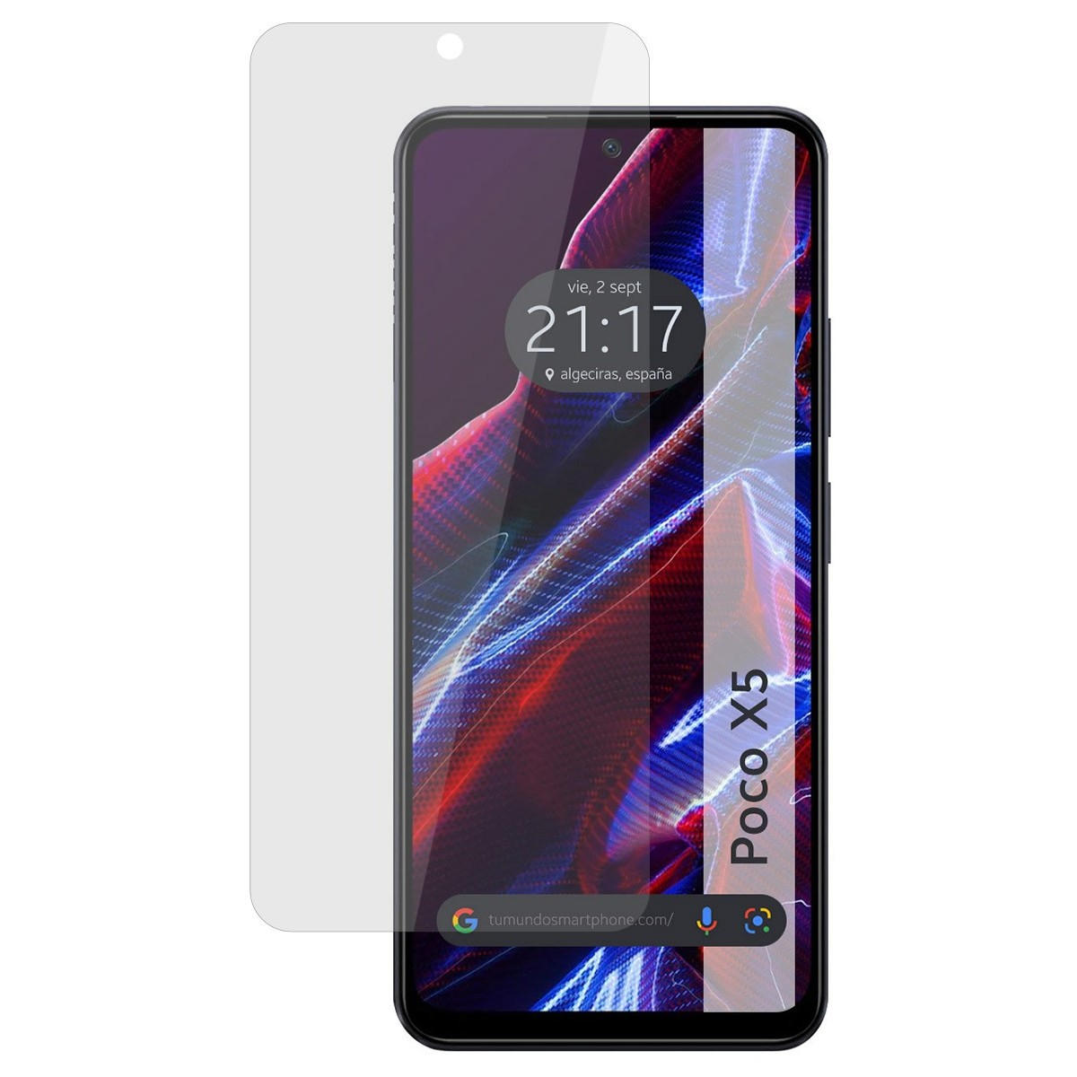 Schermo del telefono Poco X5 con protezione schermo. Mostra l'ora e la posizione.