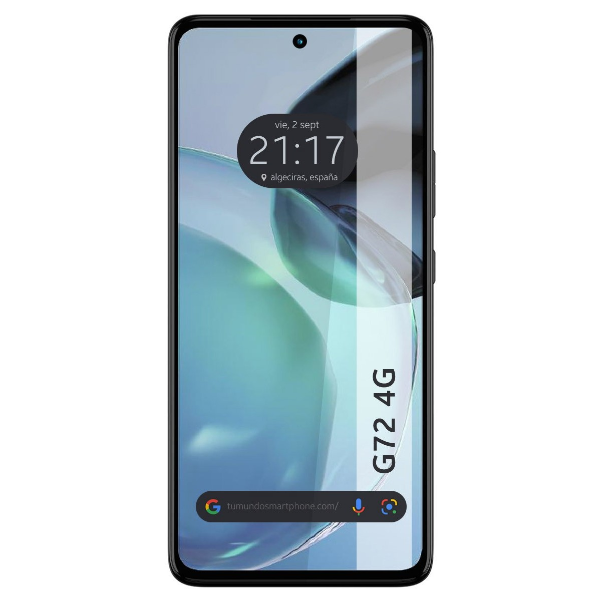 Teléfono con protector de pantalla que muestra la hora y un sitio web. El fondo es blanco.