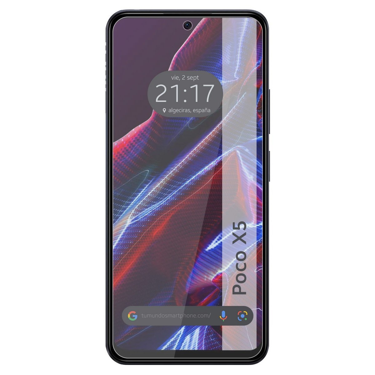 Smartphone con protezione schermo. Mostra ora, luogo. Il telefono è un Poco X5.