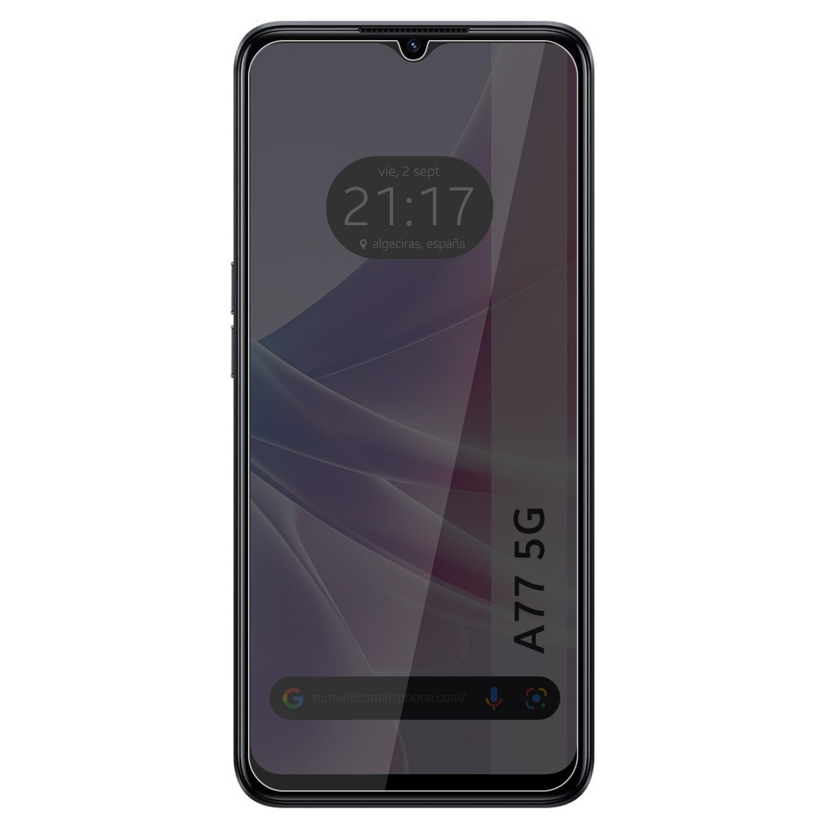 Smartphone con protector de pantalla, mostrando hora, fecha y modelo 'A77 5G'.