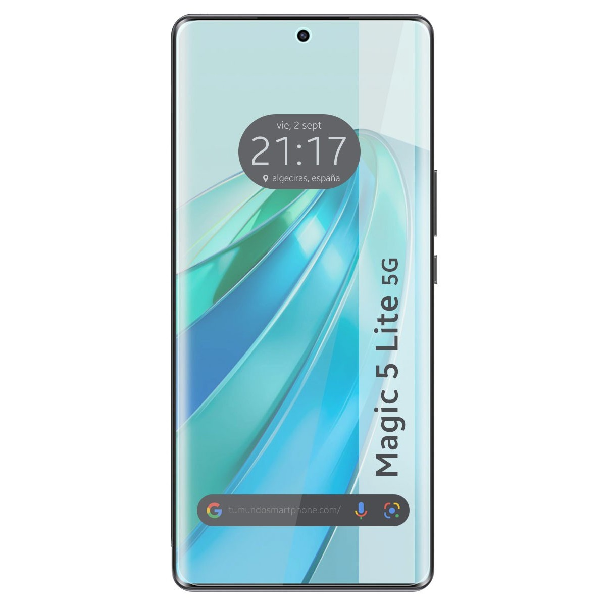 Pantalla del teléfono con protector, hora mostrada, Algeciras, España, fecha en la parte superior, modelo a la derecha.