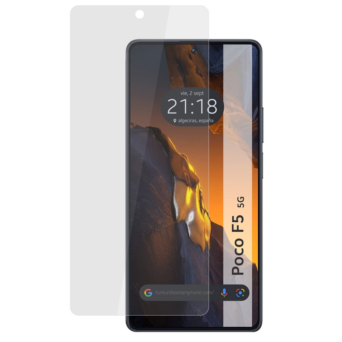 Smartphone con protector de pantalla. Muestra la hora y la fecha. El texto 'Poco F5 5G' es visible.