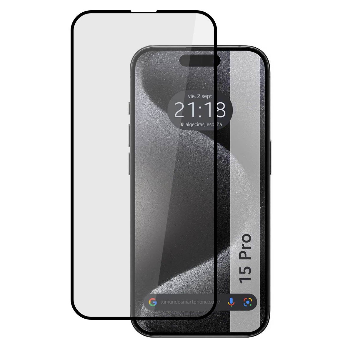 Pantalla de smartphone con hora y fecha. Un protector cubre la pantalla.
