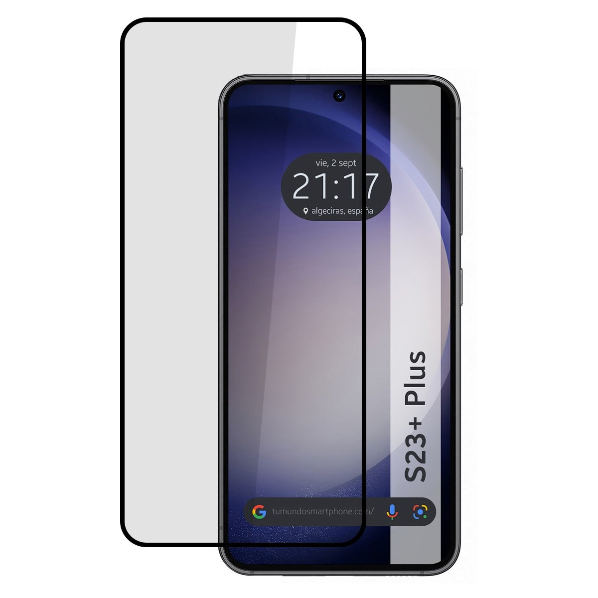 Un teléfono con protector de pantalla. El teléfono muestra la hora y la ubicación. El teléfono está etiquetado S23+ Plus.