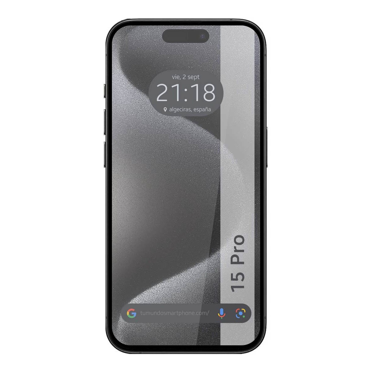 Teléfono con protector de pantalla. Pantalla muestra hora y ubicación. Texto '15 Pro'.