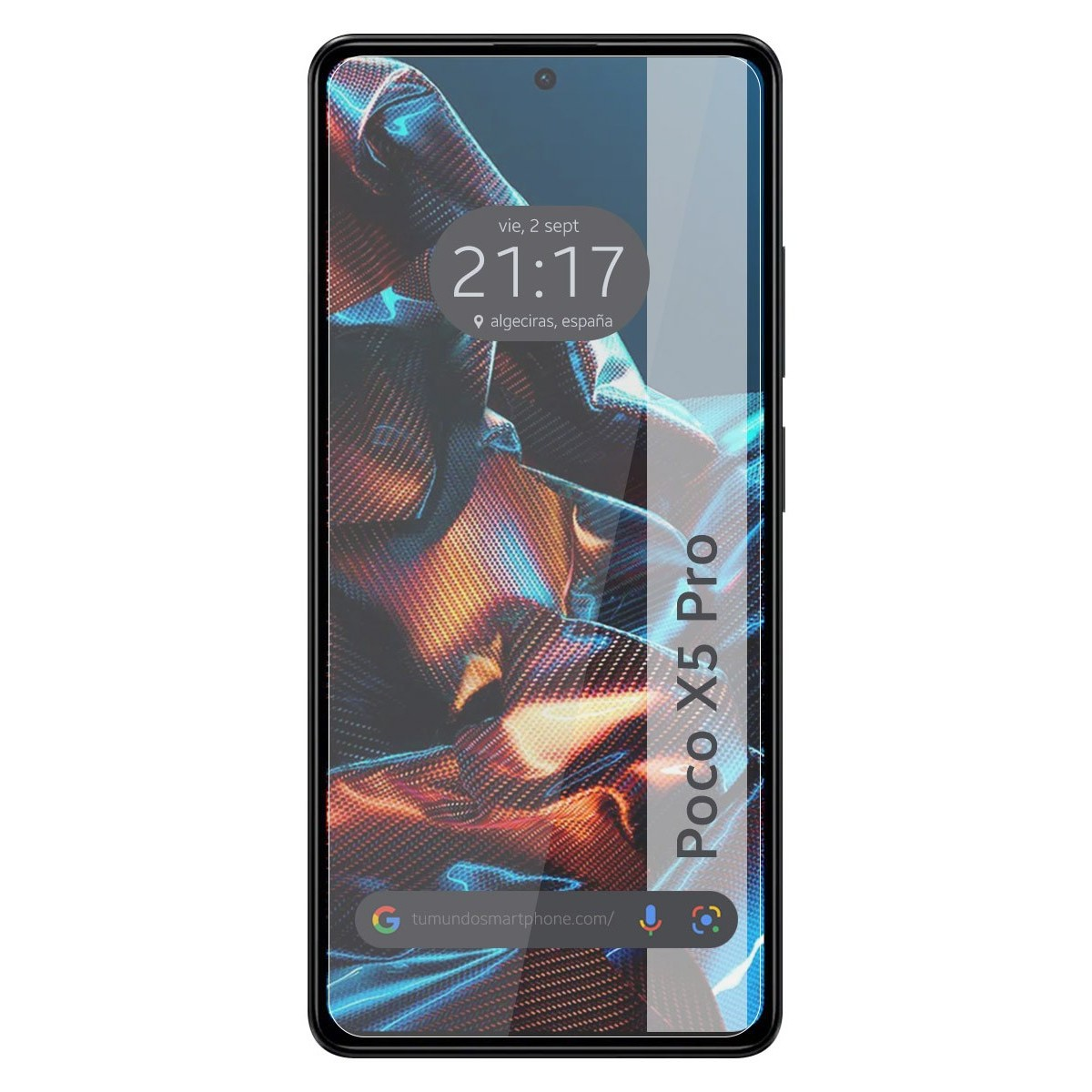 Smartphone mostrando hora y fecha en pantalla. Texto 'Poco X5 Pro' visible.