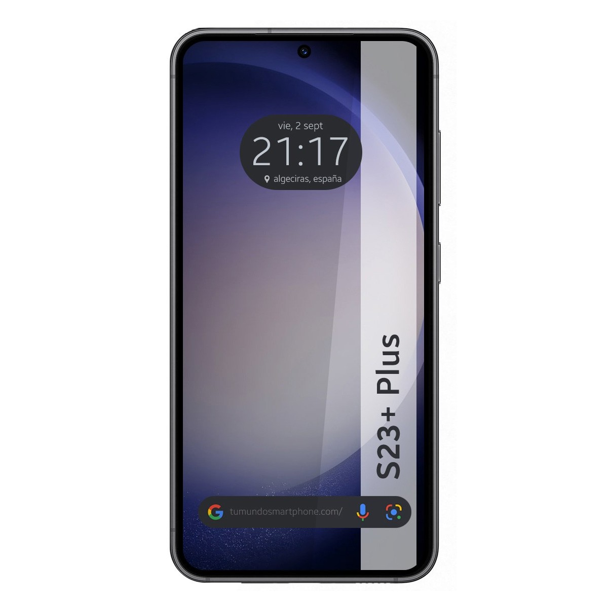 Smartphone con protector de pantalla. La pantalla muestra la hora, la ubicación y una dirección web. Fondo blanco.