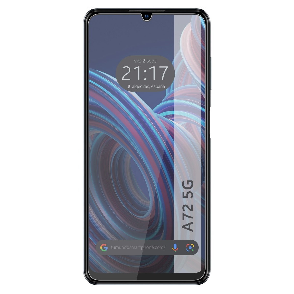 Pantalla de teléfono con protector. Muestra hora 21:17, Algeciras, España. Texto A72 5G.