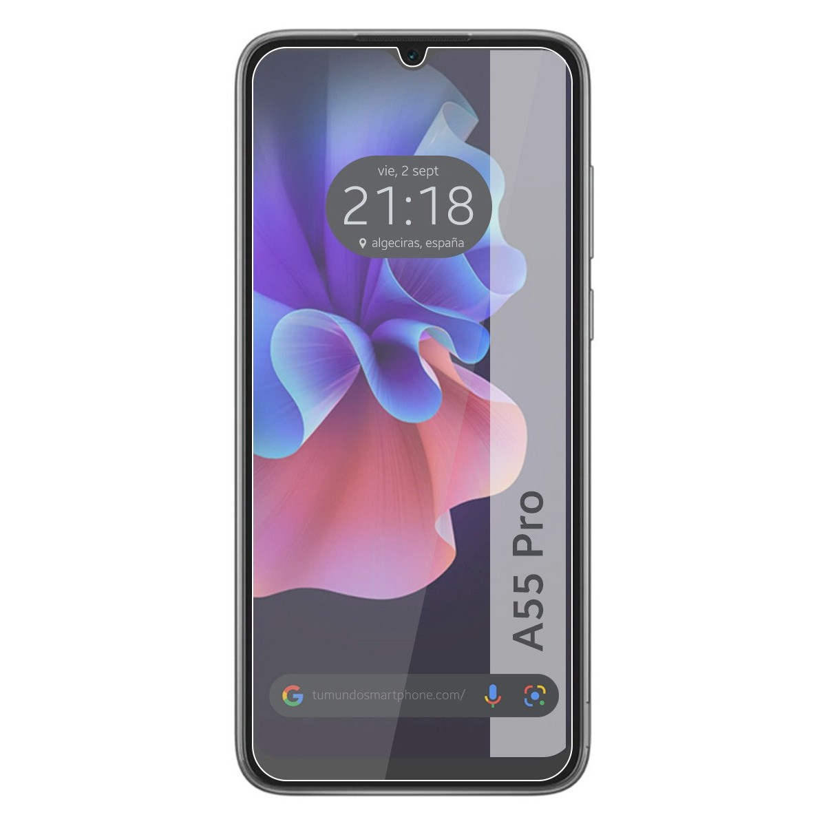 Un smartphone muestra hora, fecha y fondo colorido. El teléfono dice A55 Pro.