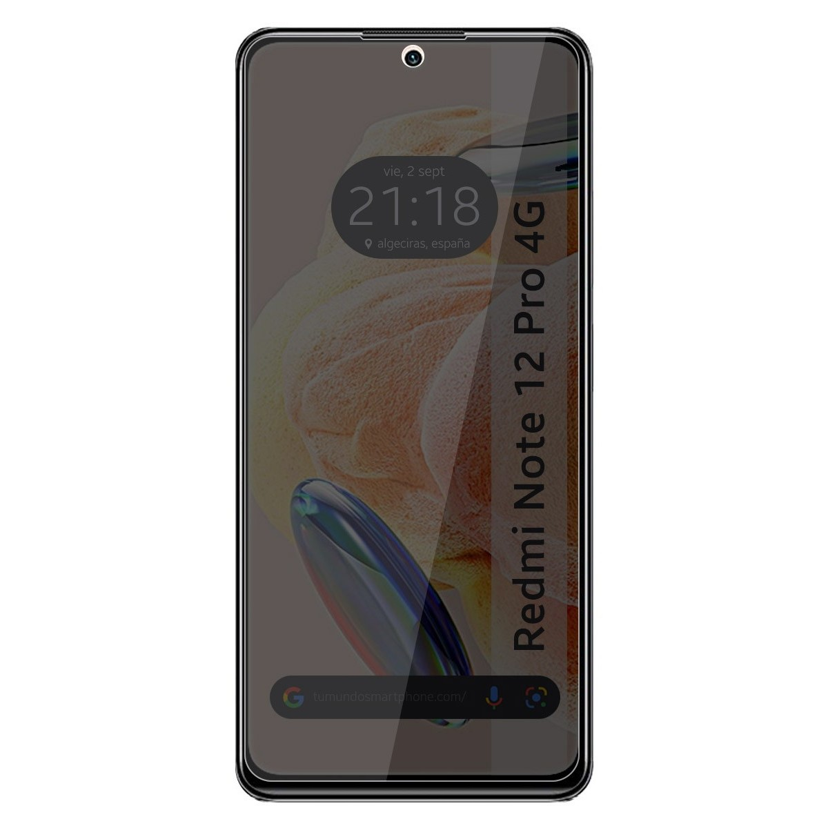 Pantalla de teléfono con hora, fecha y ubicación. Texto: Redmi Note 12 Pro 4G.