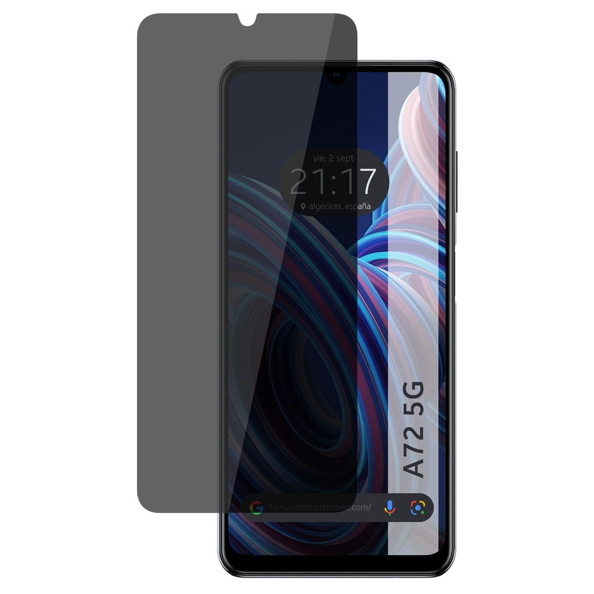 Pantalla de teléfono con protector de pantalla. El teléfono muestra la hora y ubicación.