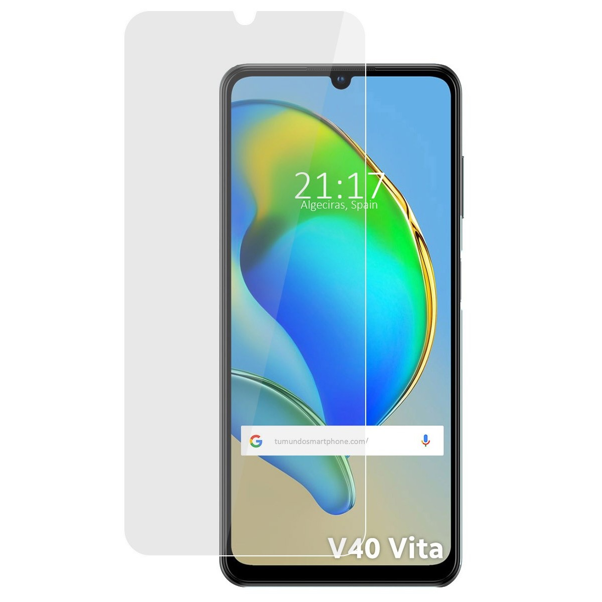 Un telefono con protezione schermo mostra ora e barra di ricerca.