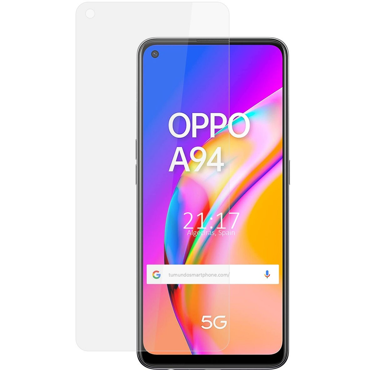 Smartphone con protector de pantalla. Texto Oppo A94 5G, y protector a la izquierda.