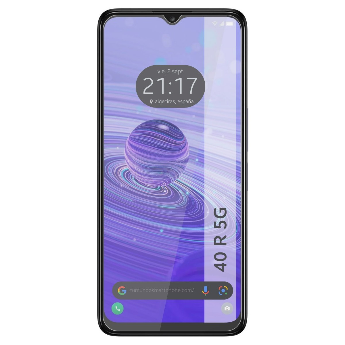 Smartphone con pantalla mostrando 21:17, ubicación 'Algeciras, Spain' y texto '40 R 5G'.