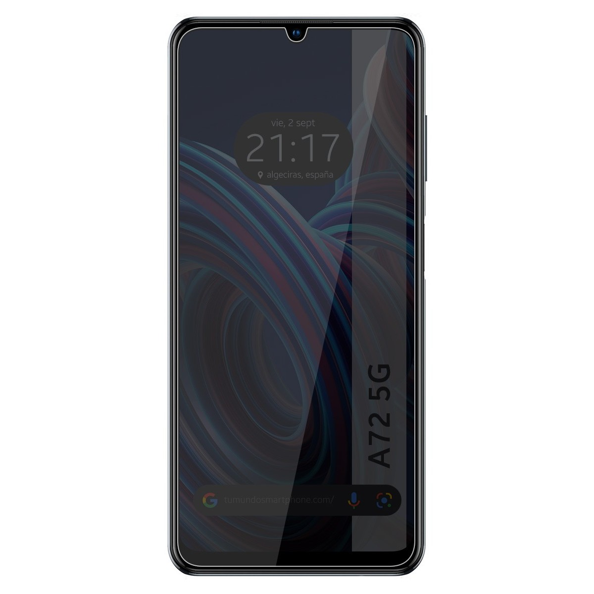 Pantalla de smartphone con reloj y fecha, y un fondo oscuro y abstracto. Protector de pantalla aplicado.