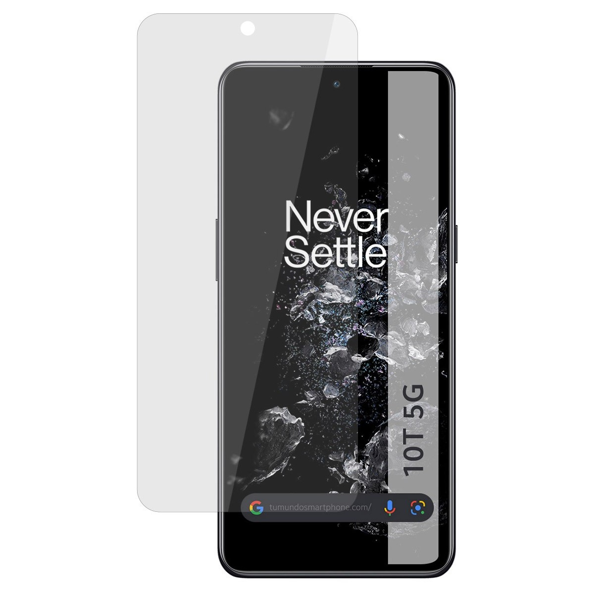 Un smartphone con un protector de pantalla al lado. Etiqueta Never Settle 10T 5G.