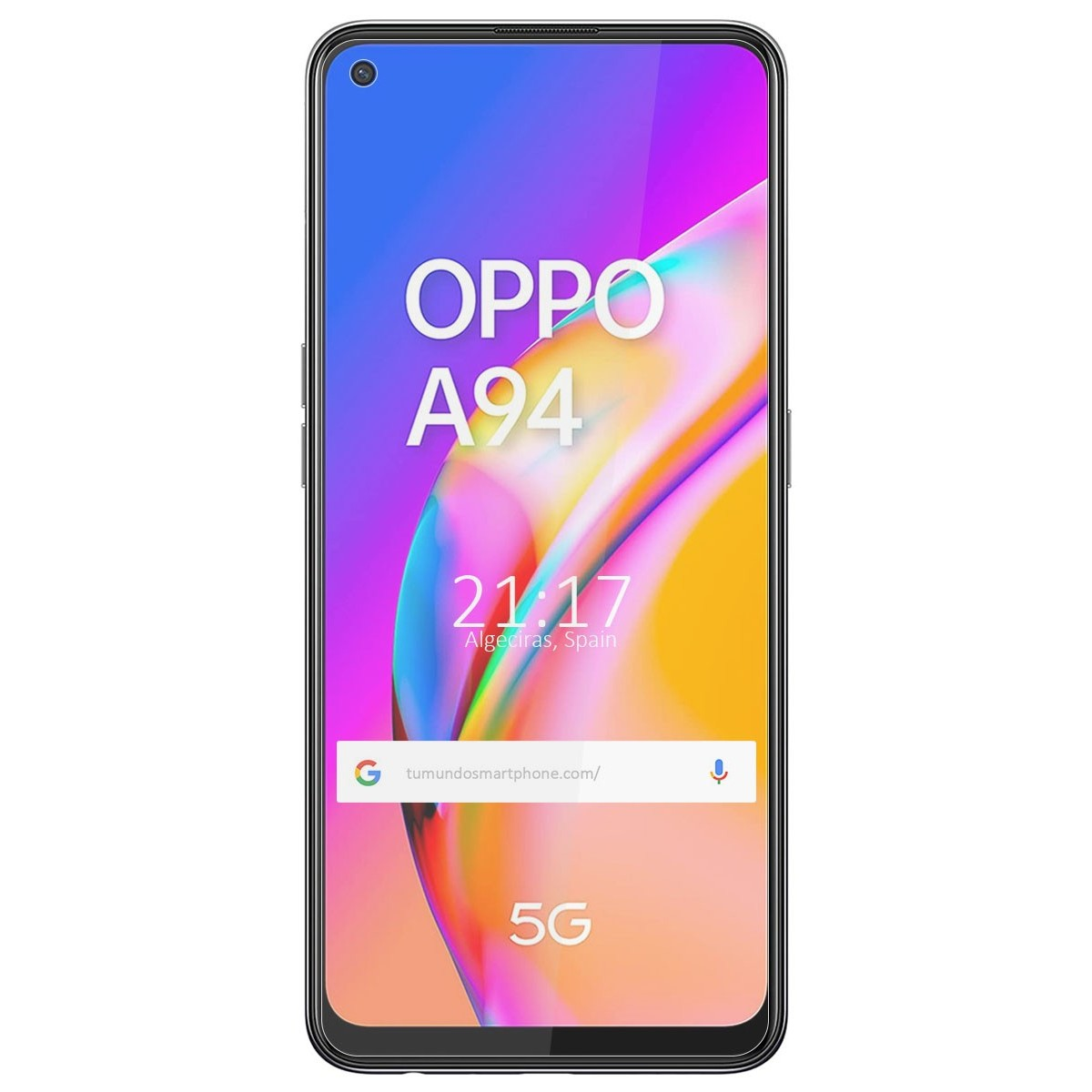 Smartphone mostrando 'OPPO A94', hora 21:17 y ubicación 'Algeciras, Spain'.