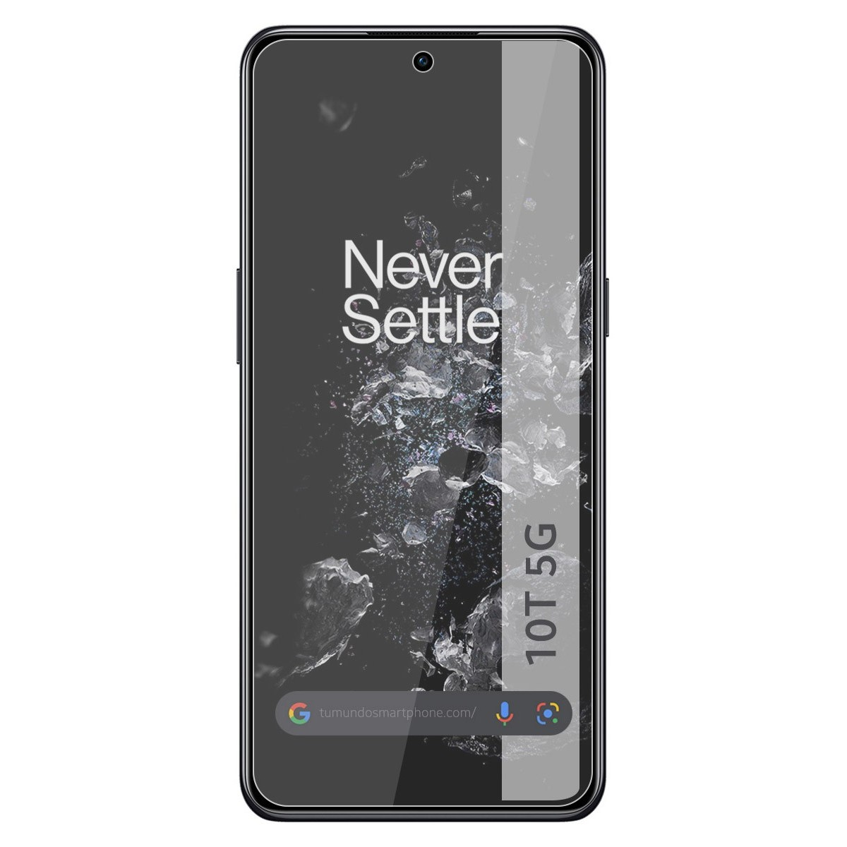 Smartphone negro con 'Never Settle' en pantalla. Protector de pantalla presente. Barra de búsqueda de Google abajo.