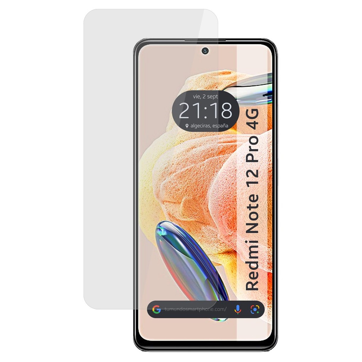 Smartphone Redmi Note 12 Pro 4G con protezione schermo. Lo schermo mostra l'ora e la posizione.