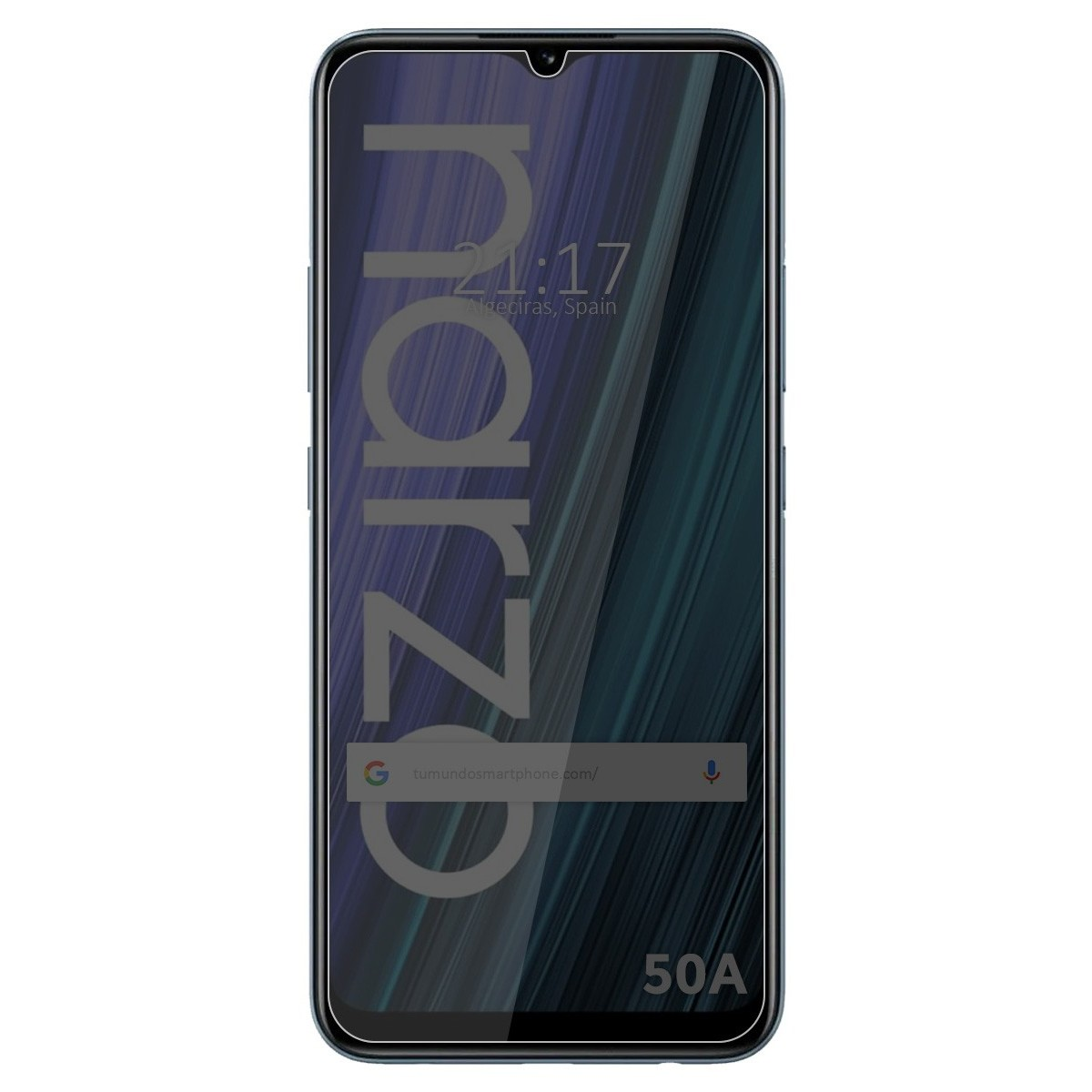 Smartphone negro mostrando hora, ubicación y sitio web. Está sobre una superficie blanca.
