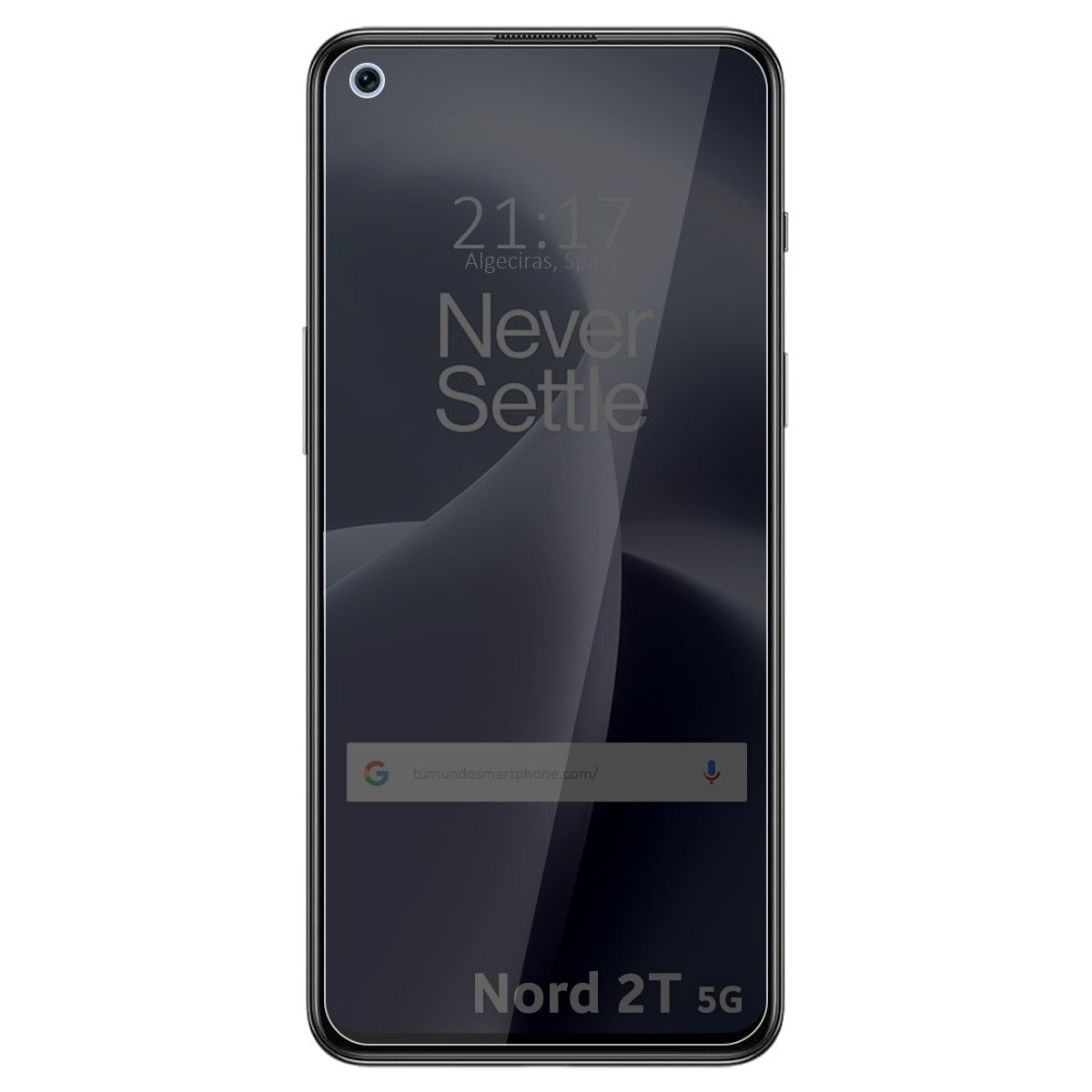 Pantalla de smartphone con protector, mostrando la hora y una barra de búsqueda.