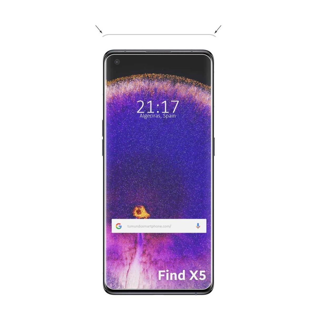 La pantalla del teléfono muestra la hora y la fecha, con una barra de búsqueda de Google. El texto dice Find X5.