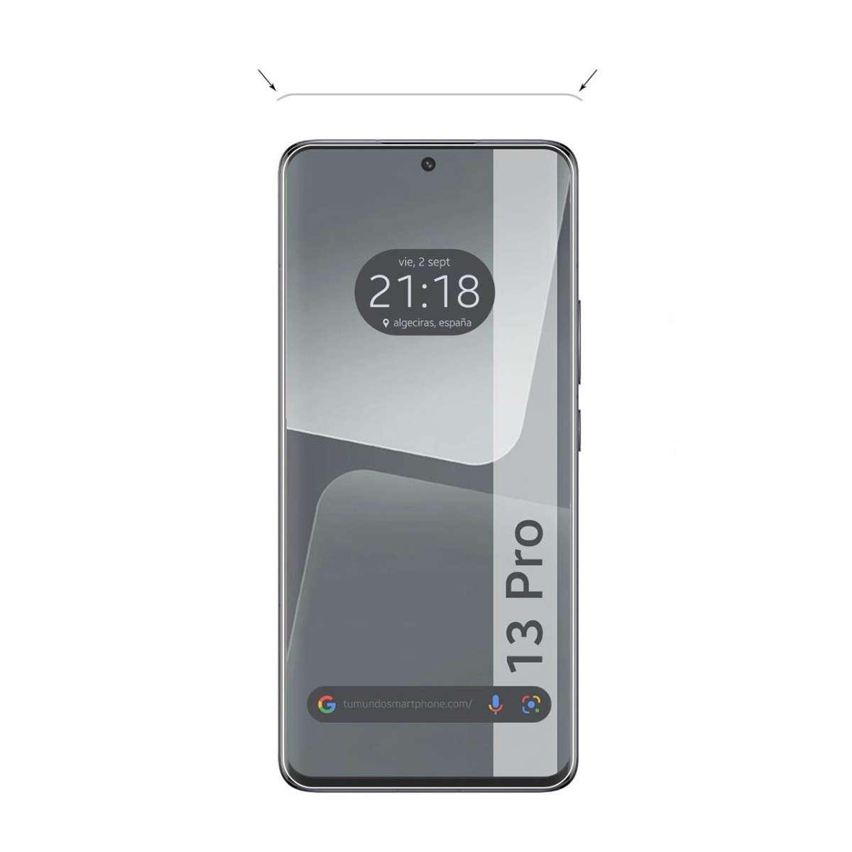 Un teléfono negro con una pantalla que muestra la hora y la fecha. El texto '13 Pro' está a la derecha.