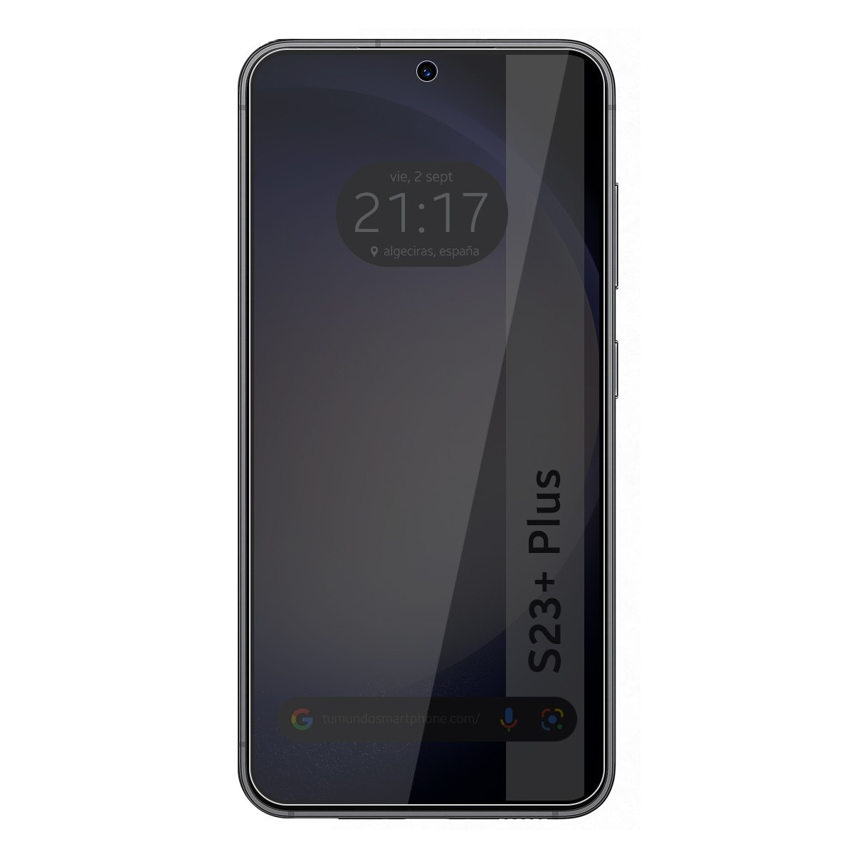 Smartphone, pantalla negra, con visualización de hora y texto S23+ Plus. Protector de pantalla.