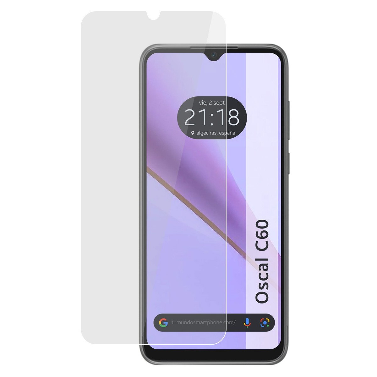Un teléfono con protector de pantalla que muestra la hora y una barra de búsqueda.