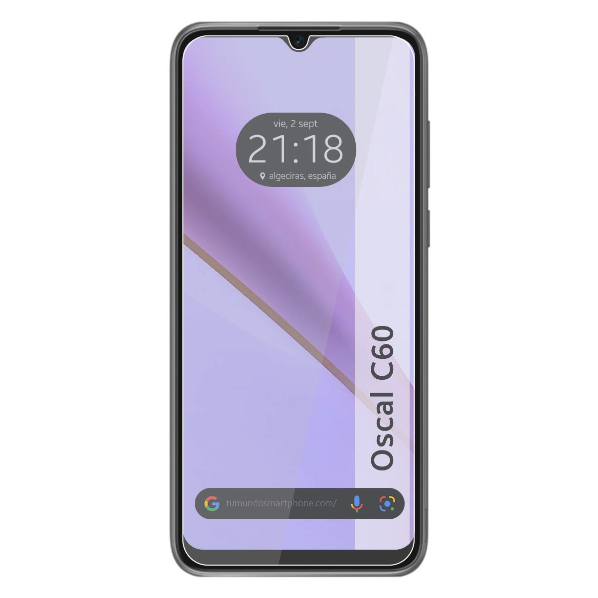 Smartphone con protector de pantalla mostrando hora y ubicación en la pantalla.